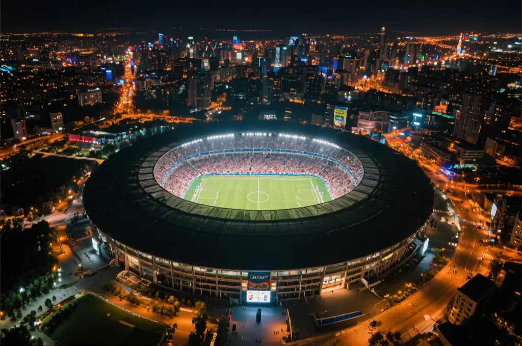世界杯球场夜景与城市灯光交织的航拍画面