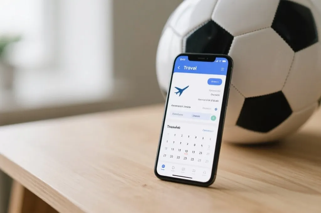 An unbranded smartphone displaying a travel flight itinerary and a calendar, with a generic soccer ball on a desk